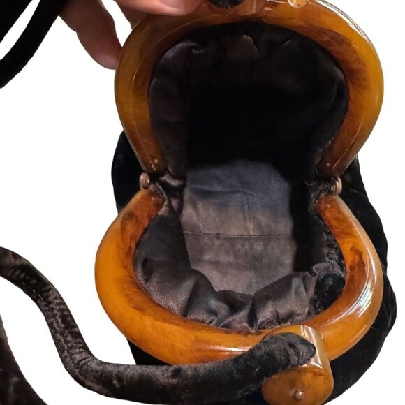 Vintage Black Velvet Handbag With Amber-Like Lucite Frame Drawstring Closure Gra - Picture 4 of 7
